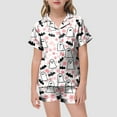 thumbnail image 2 of Caqnni Halloween Pjs Girls Satin Pajamas Set Pumpkin Print Short Sleeve Button-Down Shirt and Shorts 2 Piece Sleepwear Girls Halloween Pajamas Shorts Sets (6-7 Years,Light Pink), 2 of 5