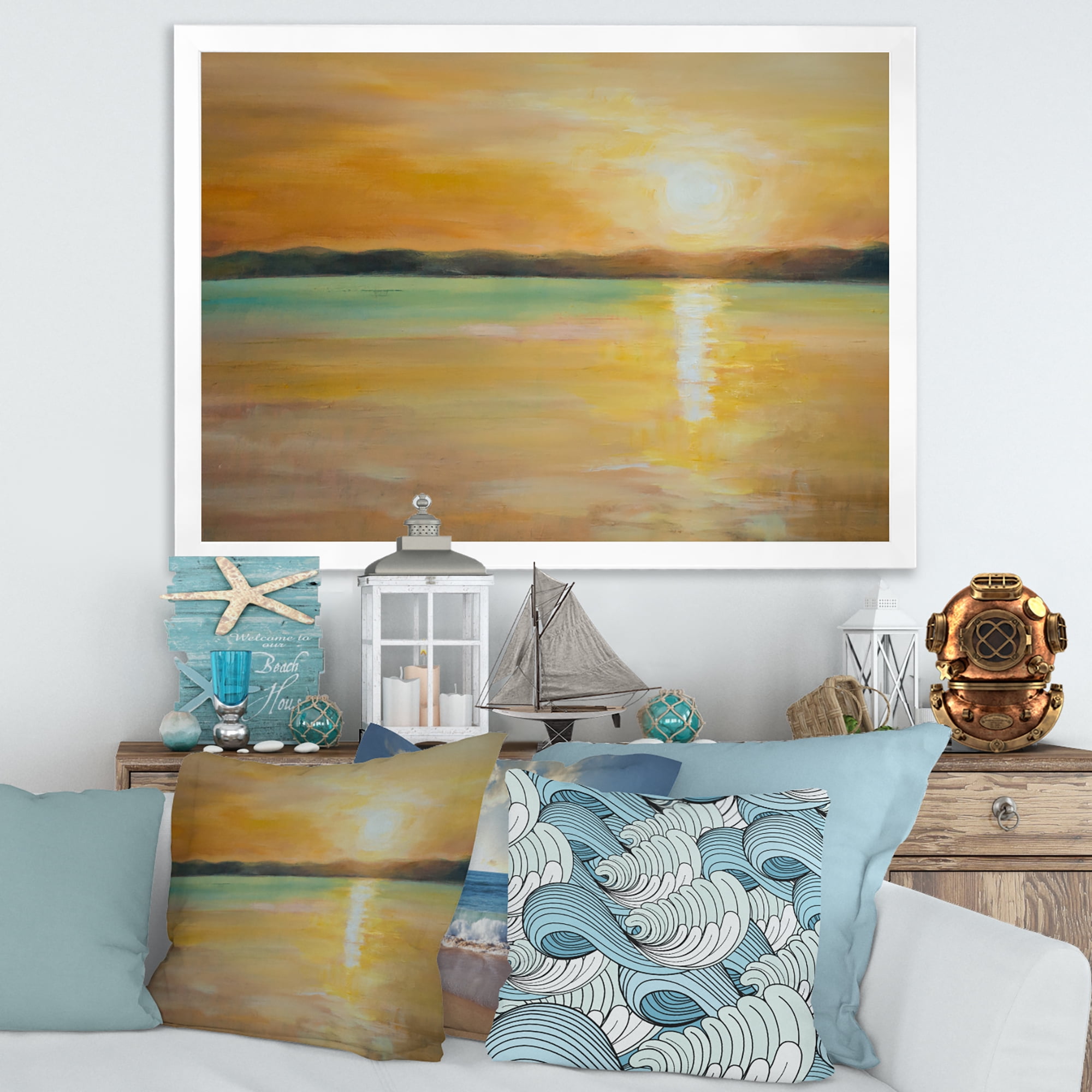 Designart 'Abstract Yellow Sunset At The Horizon' Nautical & Coastal Framed Art Print