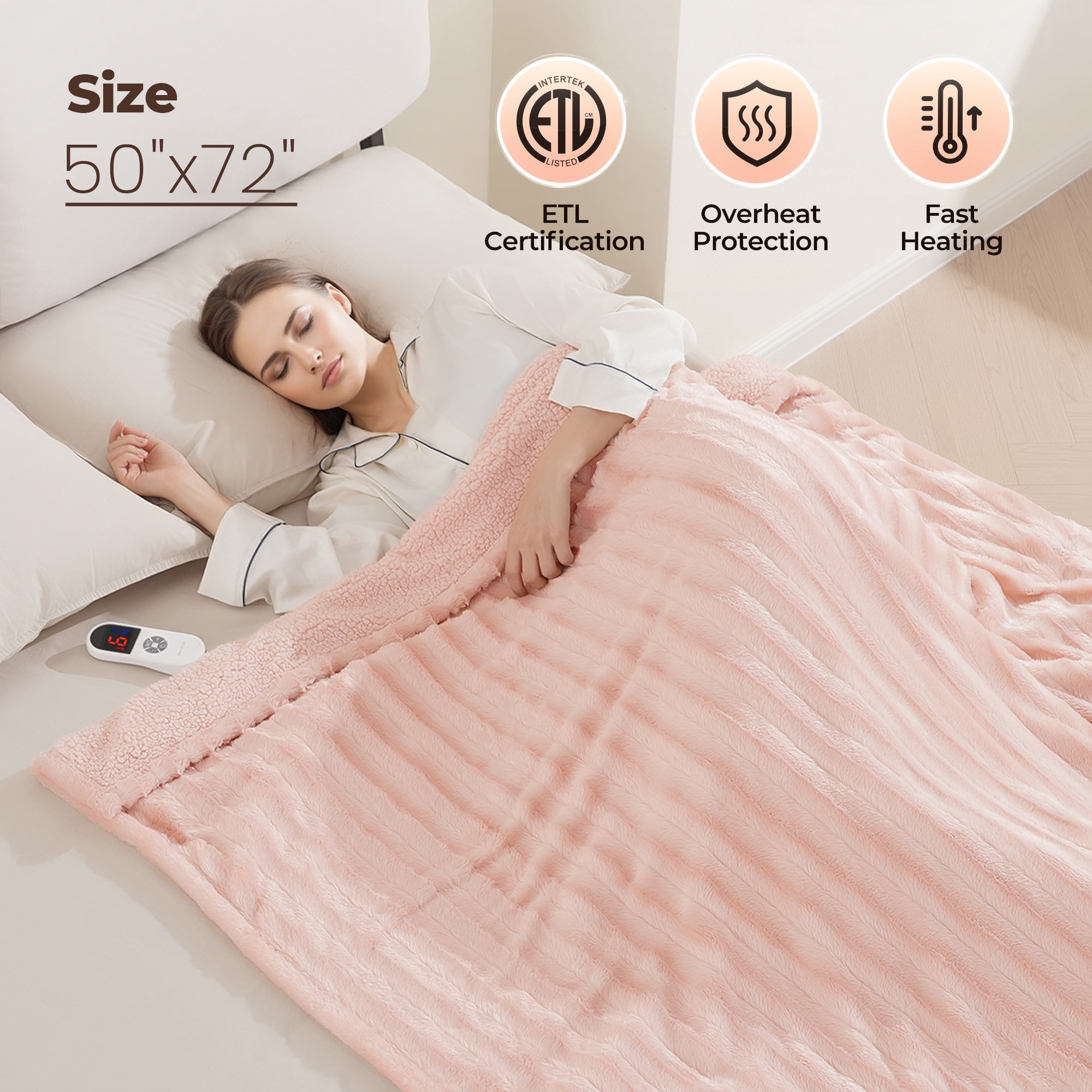 MARNUR Electric Throw Blanket Extra Large Size, 50"x72" Soft Faux Fur Heated Throw Blanket, 6 Heating Levels, 4 Hours Timer - Pink