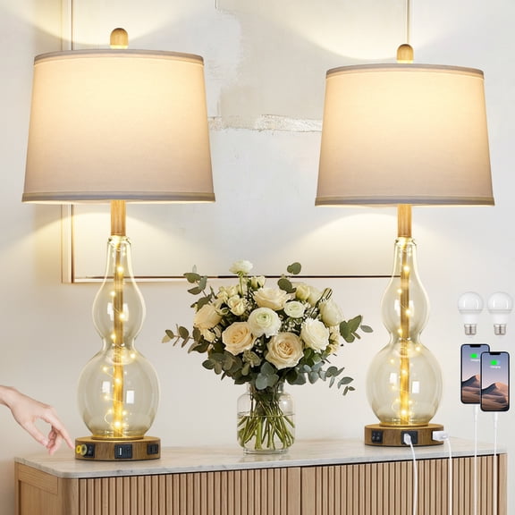Lolikit Modern Table Lamps Set of 2 for Bedroom Living Room Brown with USB C A Ports & AC outlet