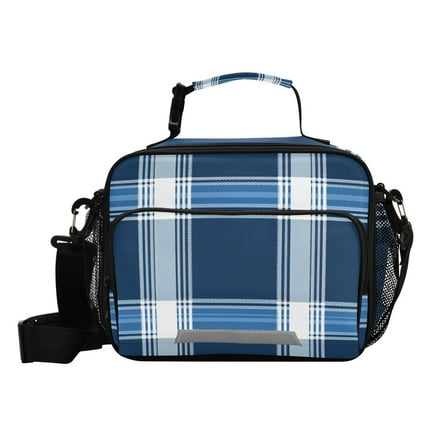 Wide Plaids Navy Blue Insulated Lunch Bag Portable Cooler Bag Mommy Bag Large Capacity 6L
