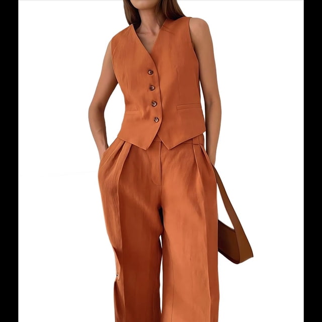 Conjuntos de 2 Piezas para Mujer: Chaleco de , Conjuntos Casuales Elegantes, Pantalones de Pierna , Trajes Color Naranja S