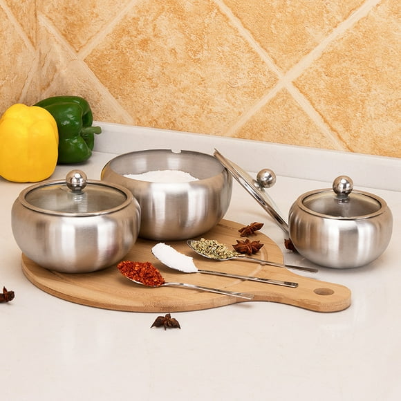 Tarro de condimento de acero inoxidable 304, tarro de condimento visual de vidrio, tarro de azúcar de acero inoxidable para tomates