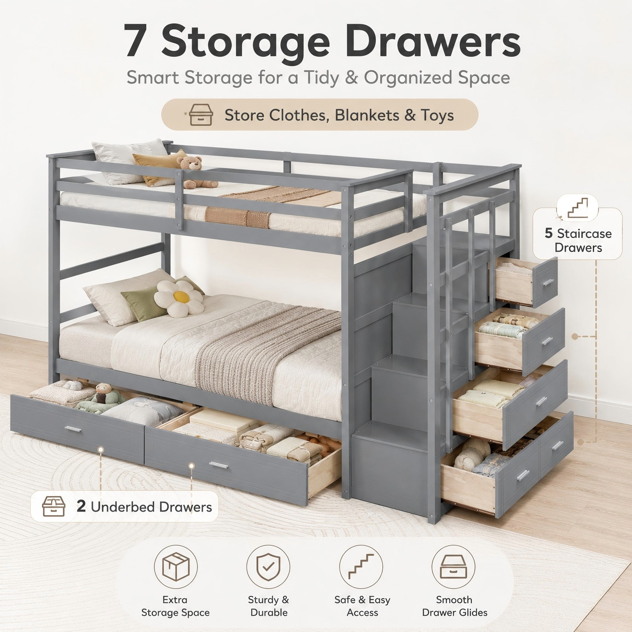 Aukfa Twin over Twin Bunk Bed with 7 Storage Drawers, Wood Bunk Bed with Staircase, Space Saving Design for Kids Bedroom, Gray