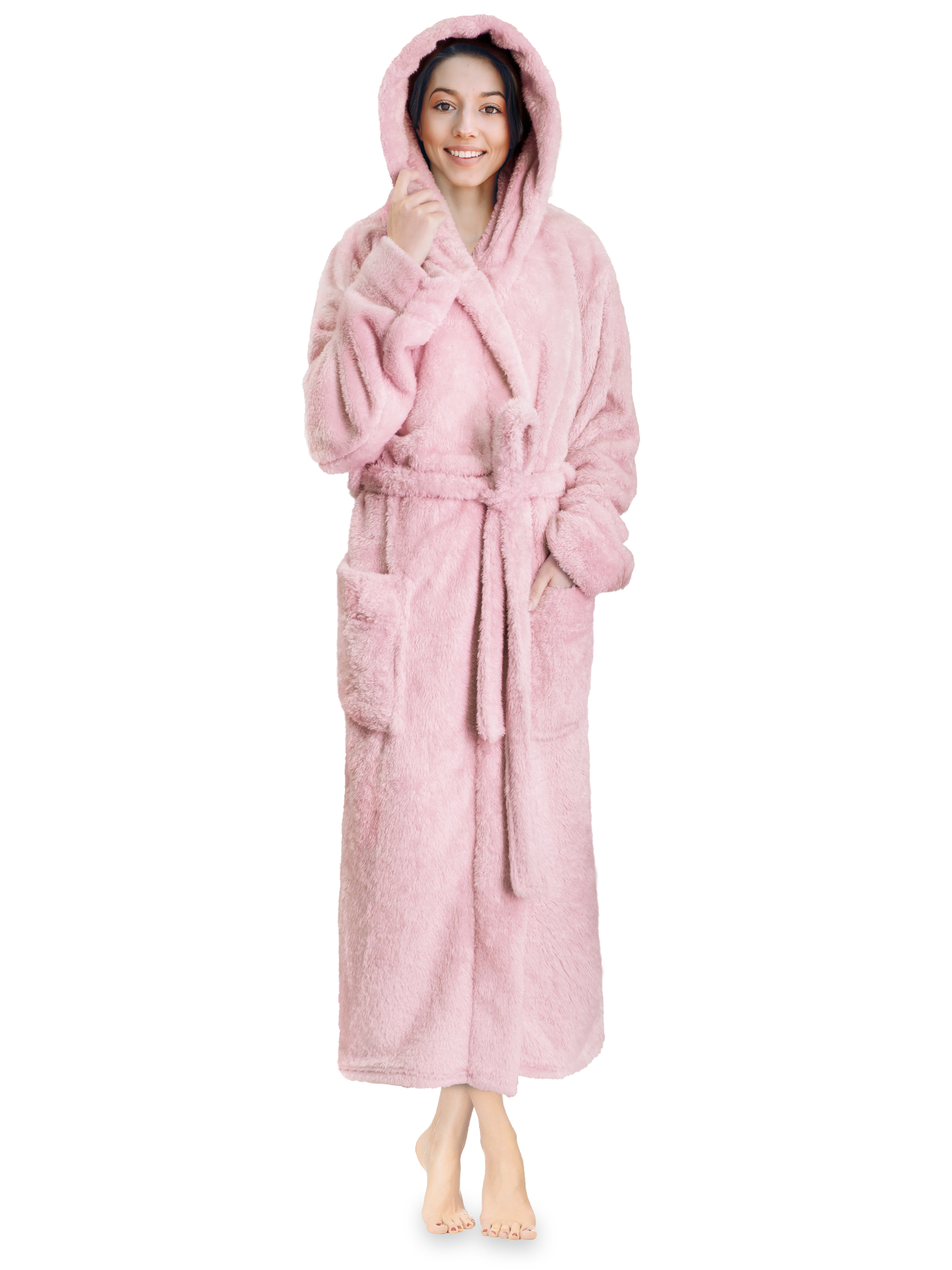Women Hooded Fleece Bathrobe Warm Nightwear Winter Pajamas strawberry Bath Robe