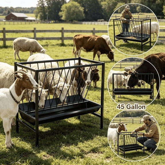 Tanfengu 45 Gallon Heavy Goat Hay Feeder,Galvanized Steel Sheep Trough , Freestanding Goat Hay Feeder with Hay Rack , Pasture Feeder with Rust-Proof,Black