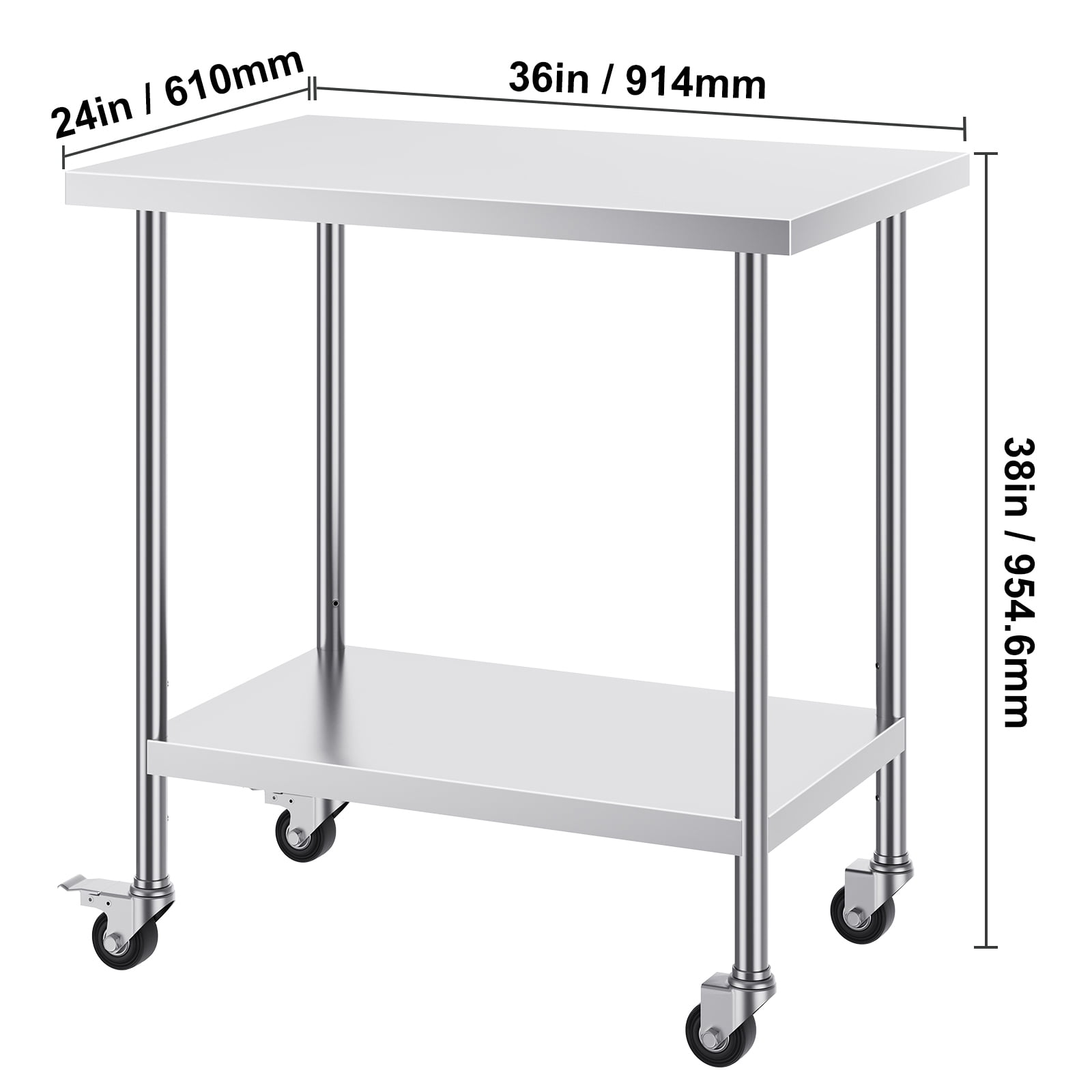 KFFKFF 24x36x38 Inch Stainless Steel Prep Table, Equipped with 4 Casters and 3 Height Settings, Durable for Restaurant Kitchen Use, Silver