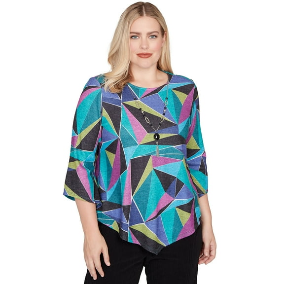 Alfred Dunner Womens Abstract Stained Glass Top With Necklace