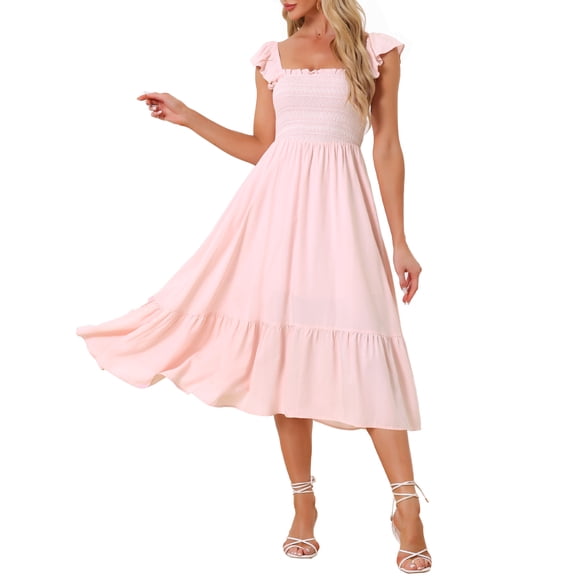 INSPIRE CHIC Women's Sundress Square Neck Ruffle Tiered Boho Midi Dress Pink S