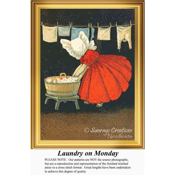 Laundry on Monday, Vintage Counted Cross Stitch Pattern (Pattern Only, You Provide the Floss and Fabric)