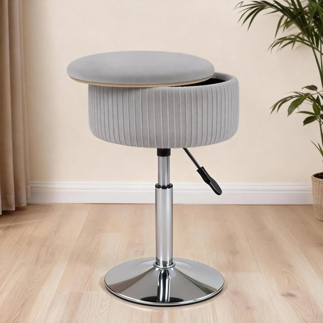 Tabouret de Coiffeuse Réglable, Ottomane de Rangement Ronde Pivotante à 360° pour Salle de Maquillage, Chaise de Coiffeuse en Velours pour Salon, Cadeaux pour Femmes, Gris