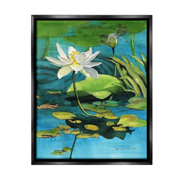 Stupell Industries Pond Lotus & Dragonfly Botanical & Floral Painting Black Floater Framed Canvas Art Print Wall Art, 17 x 21