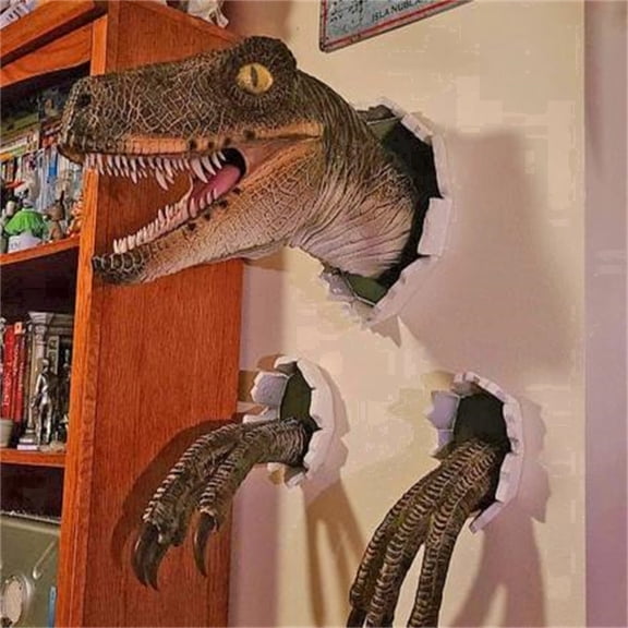Dinosaur Wall Mounted Head Statue Bust Hanging Sculpture, Wall Art 3D Sculpture for Home Decoration
