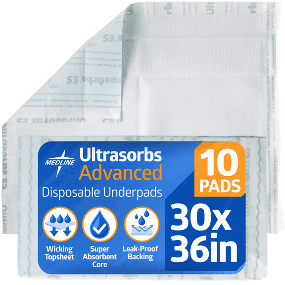 Medline Advanced Premium Disposable Adult Bed Pads for Incontinence, Furniture, or Pets, Ultra Absorbency, 30 x 36in, 10 Count