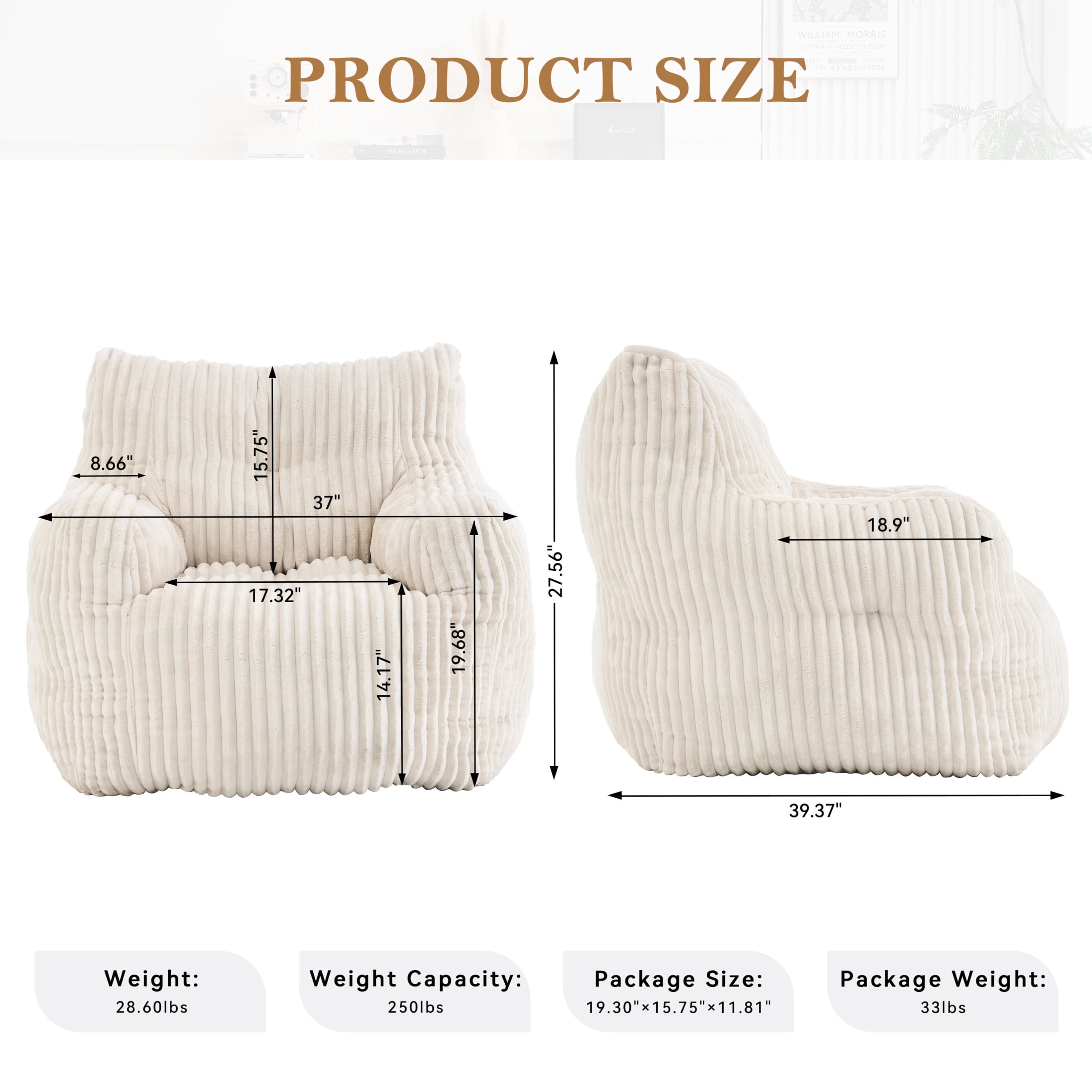 Noble House Solley 39" Fluffy Corduroy Bean Bag Chair, Memory Sponge Floor Lounger Accent Seat for Living Room, Beige