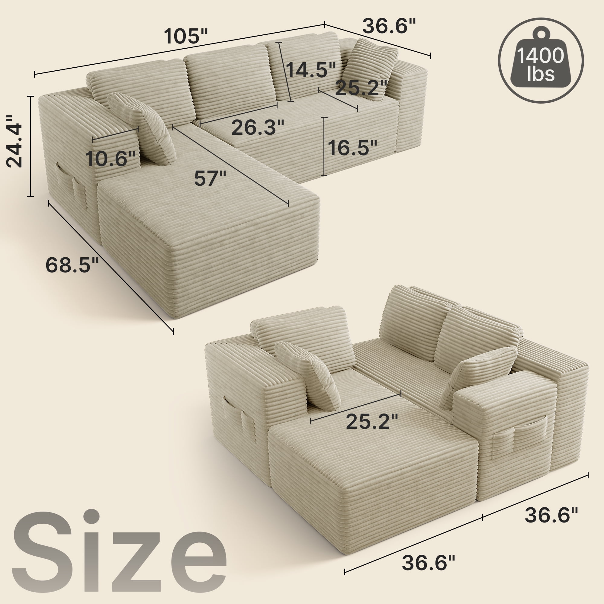 Lofka 105" Cloud L-Shaped Sectional Sofa and Couch with Movable Ottoman and Soft Seats for Living Room, No Assembly Required, Beige (Plush Corduroy Fabric)
