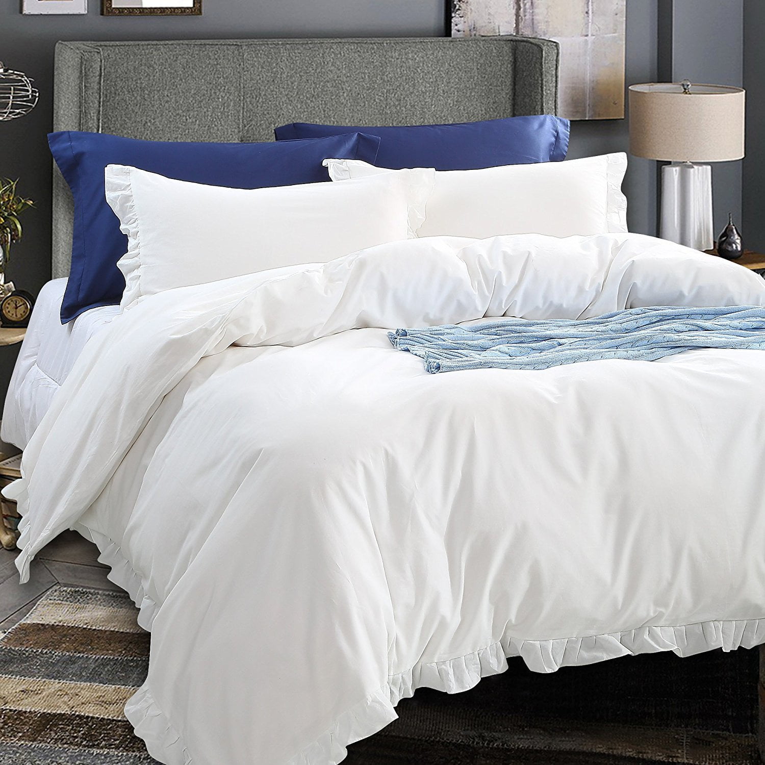 Ntbay 3 Pieces Duvet Cover Set Washed Cotton Solid Color With Ntbay 3 Pieces Duvet Cover Set Washed Cotton Solid Color With Exquisite Ruffles Design Soft And Comfortable King Size White Com