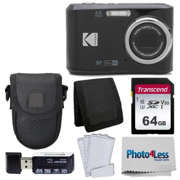 Paquete de cámara digital Kodak PIXPRO FZ45 con funda para cámara Black Point & Shoot + tarjeta de memoria SD Transcend de 64 GB + cartera para tarjetas de memoria triple + lector de tarjetas SD USB d