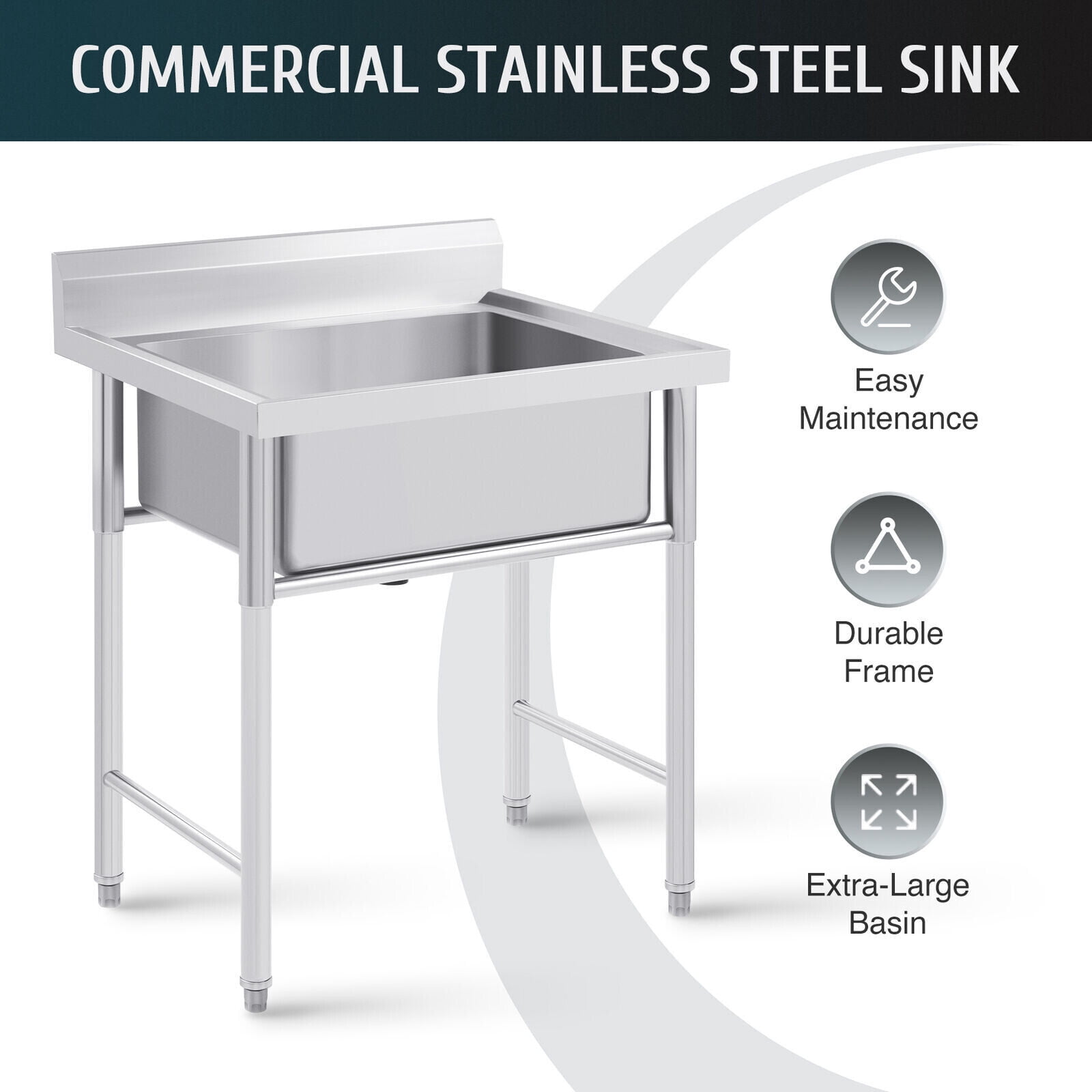 FETCOI Commercial Kitchen Sink Stainless Steel Catering Dishwash Bowl Basin Unit Table