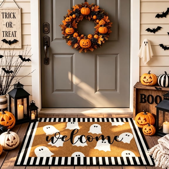 Halloween Porch Mat Door Mat Outdoor Layered Ghost Welcome Mat, Cute Coir Non-Slip Rug for Front Porch Entryway 16x24 Inch
