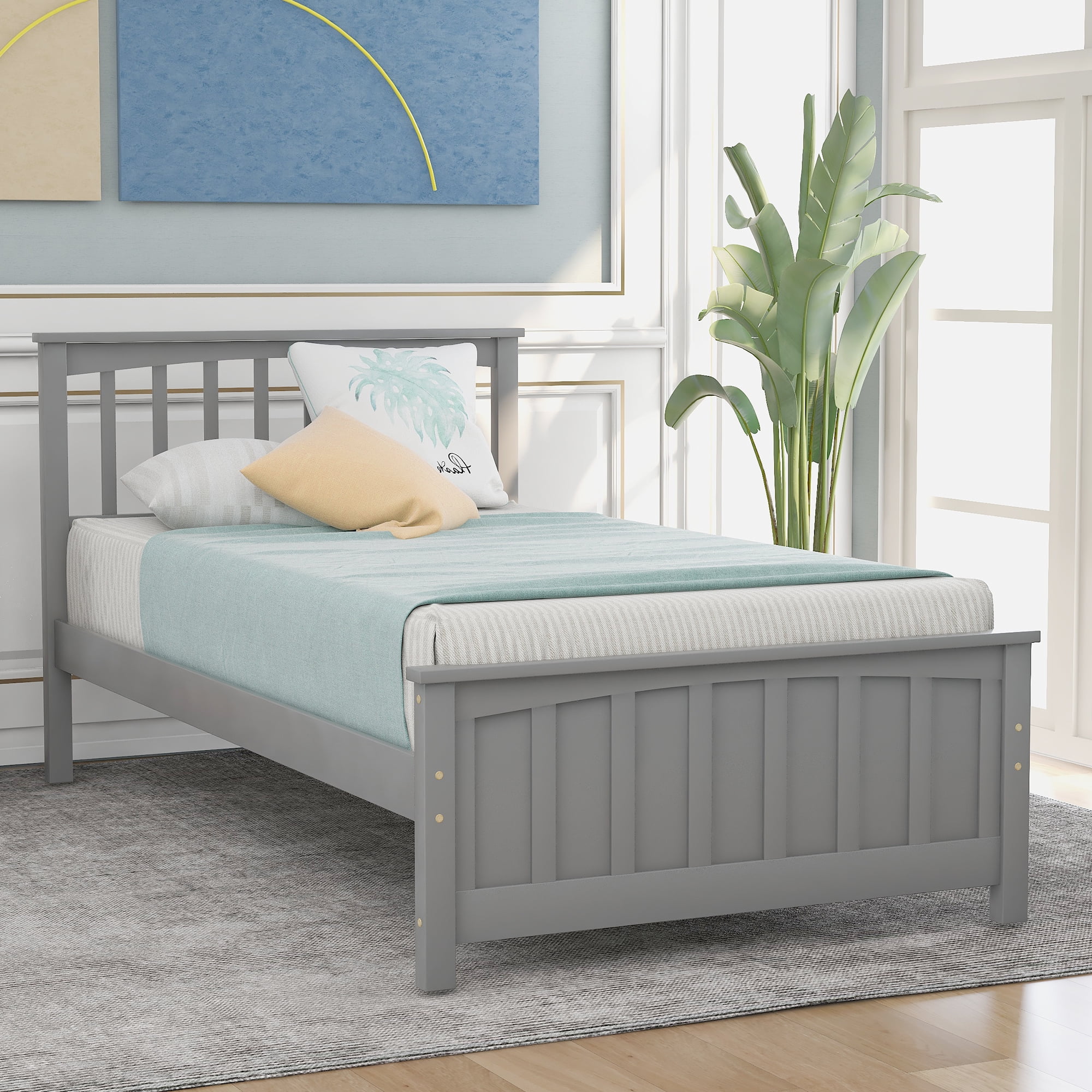 Holaki Wood Twin Size Bed with Headboard & Footboard for Kids, Gray