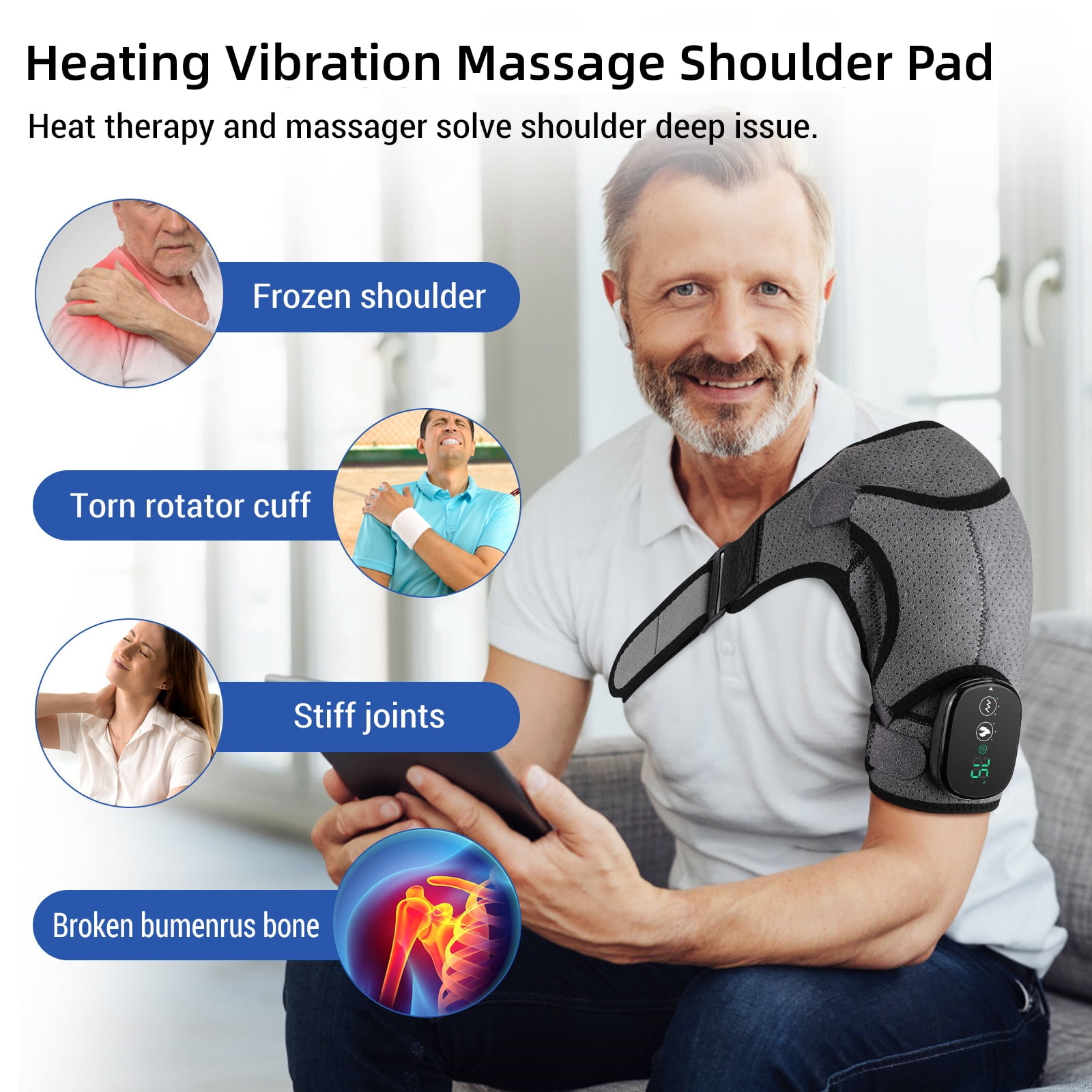 Heated Shoulder Brace Wrap, Cordless Shoulder Heating Pad Massager for Relax, Electric Heated Shoulder Massage with 3 Adjustable Vibrations for Men Women, Electric Wrap for Rotator Cuff - Gray