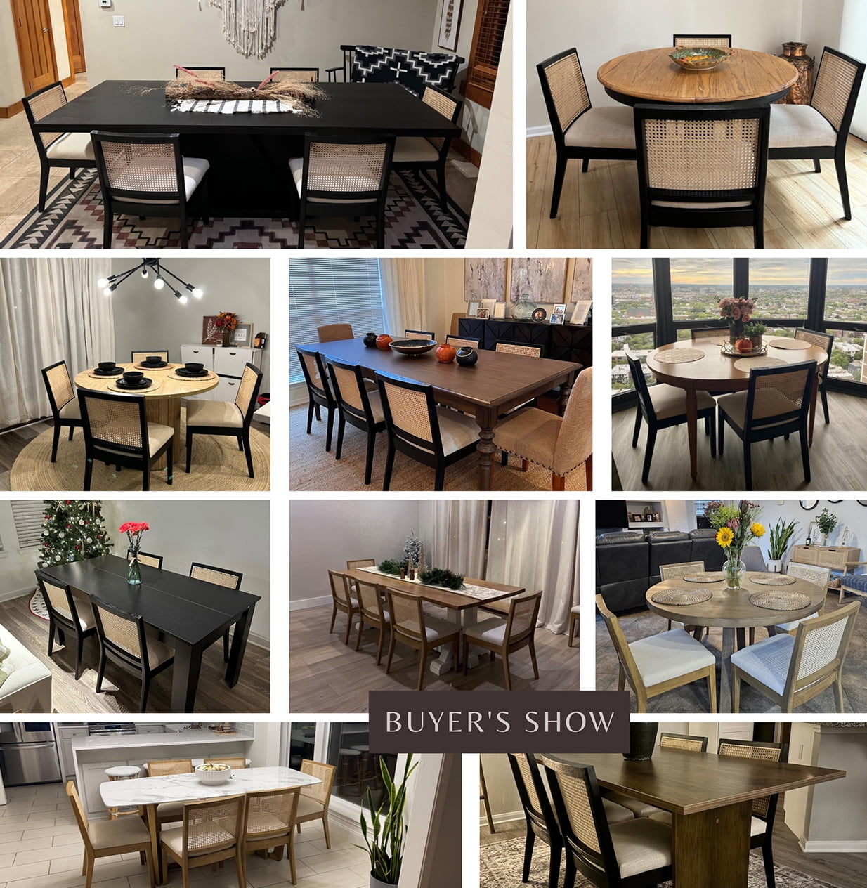 Guyou Farmhouse Rattan Dining Chairs Set of 6, Mid Century Modern Dining Side Chairs with White Hardwood Frame, Linen Upholstered French Country Kitchen Chairs for Dining Room Bistro, Beige