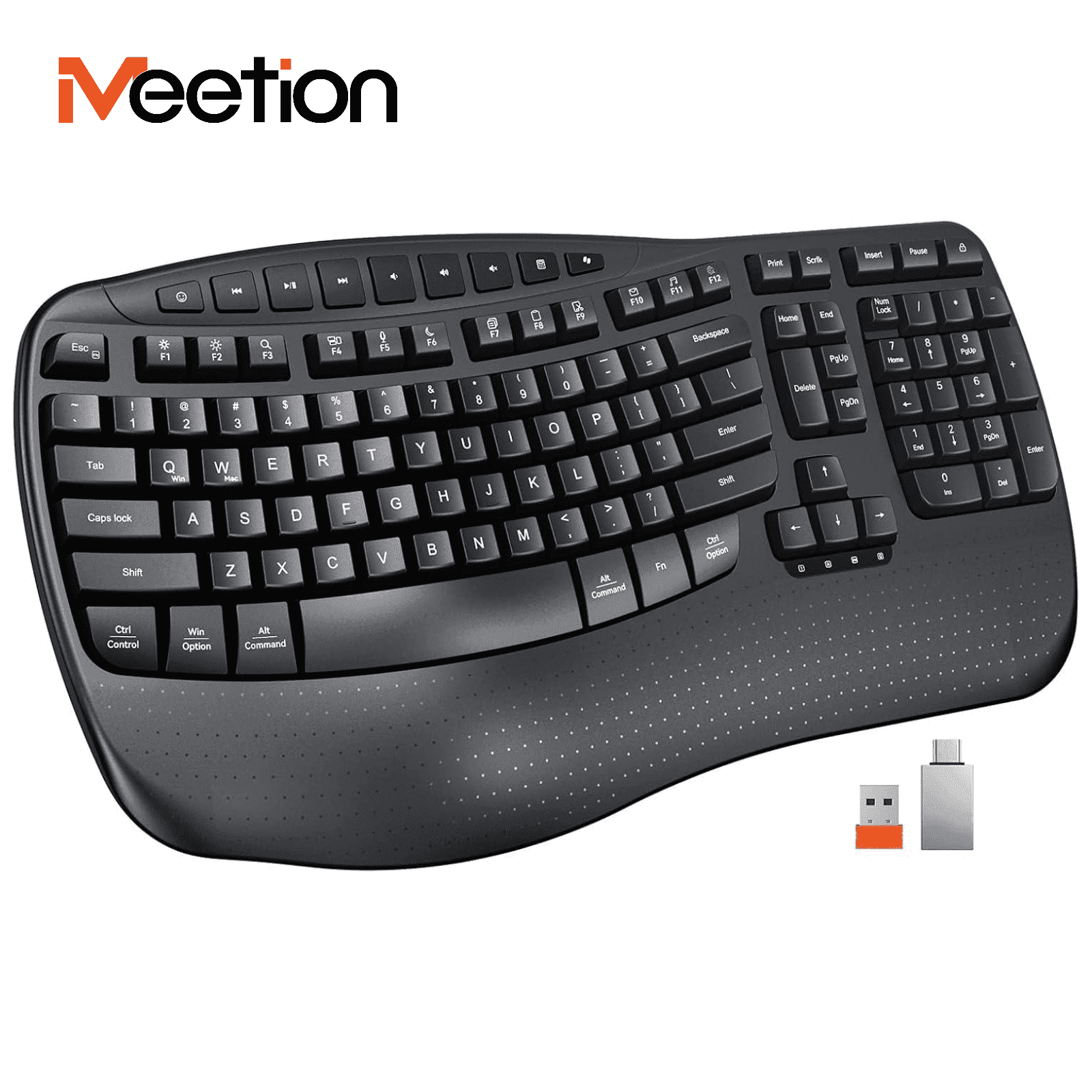 Meetion Wave Keys Ergonomic Keyboard, Wireless, Wrist Rest, 2.4G/USB-C for Windows/Mac - Black