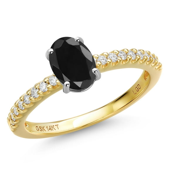 Gem Stone King 14K Two Tone Gold Black Sapphire and Lab Grown Diamond Engagement Ring for Women | 1.26 Cttw | Oval 7X5MM | Gemstone September Birthstone | Size 7