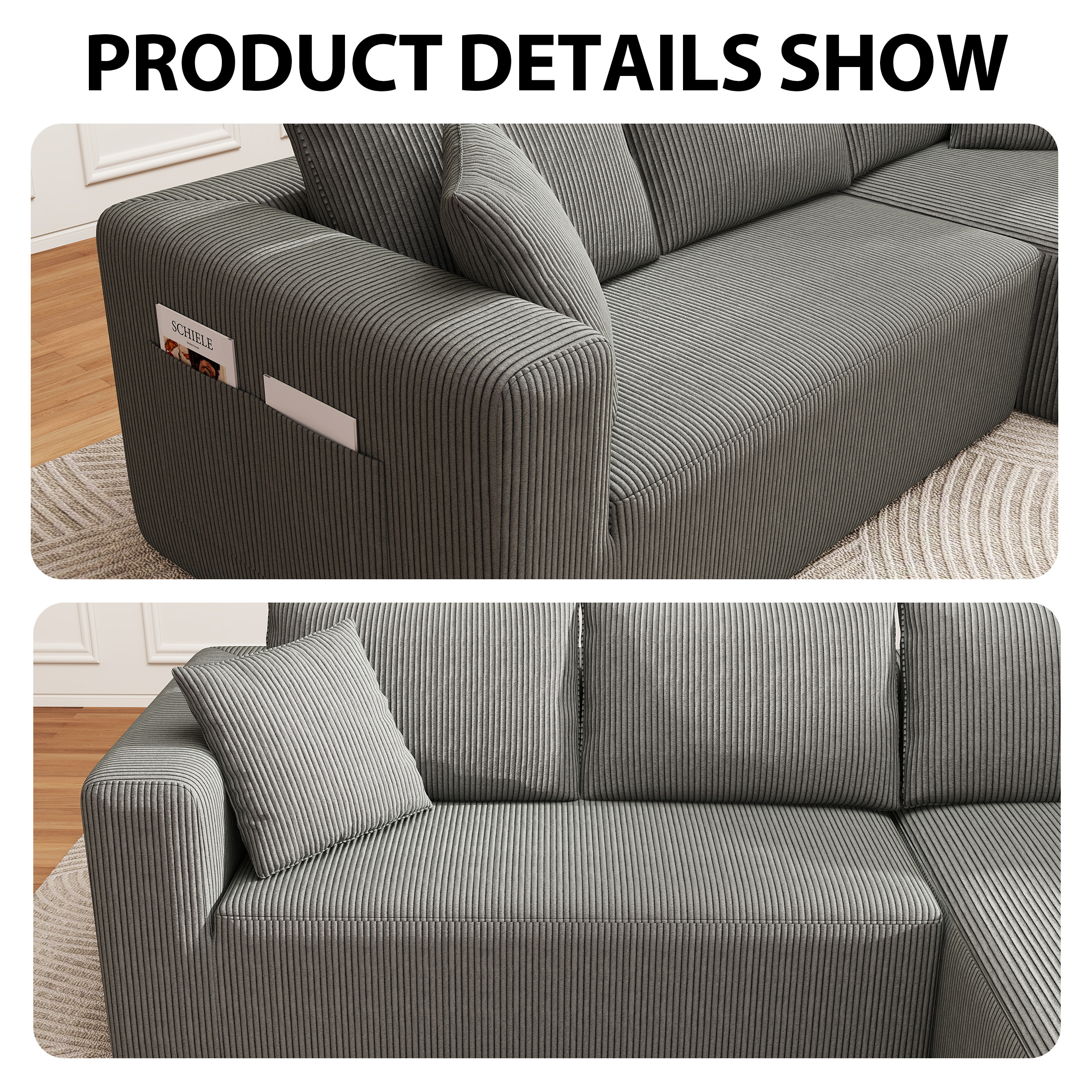 Focalsweet 107" L-Shaped Sofa Couch, Modular Sectional Living Room Sofa Set, Corduroy, No Assembly, Gray