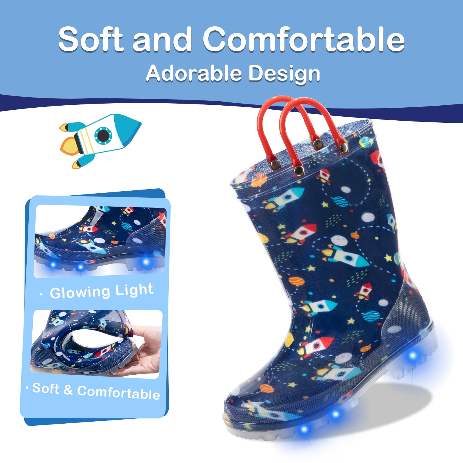 FUNCOO PLUS Toddler Kids Rain Boots Boys Light Up Waterproof Boots with Handles, Navy Space, Toddler Size 7