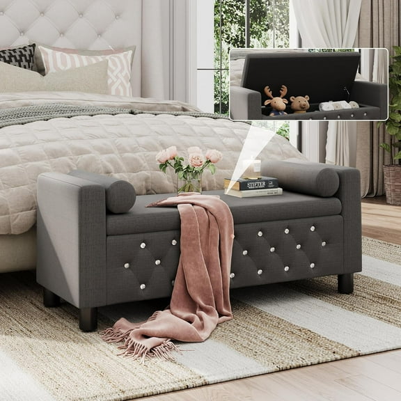 55" Storage Bench Ottoman End of Bed Bench Bedroom Bench, Linen Upholstered Storage Bench Accent Bench with Arms, 2 Pillows for Bedroom,Living Room, Entryway, Dark Grey