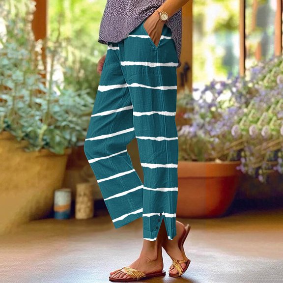 Women Striped Capris Pant Casual Lightweight Straight Leg Trendy Elastic High Waist Summer Beach Trouser Light Blue L
