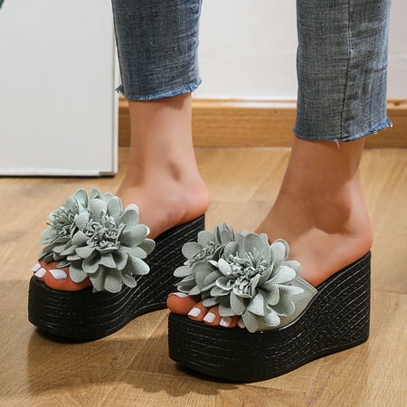 

Women‘s 3D Flowers Platform Wedge Heel Slippers Solid Color Open Toe Non-slip Slides Shoes Outdoor Fashion Slippers