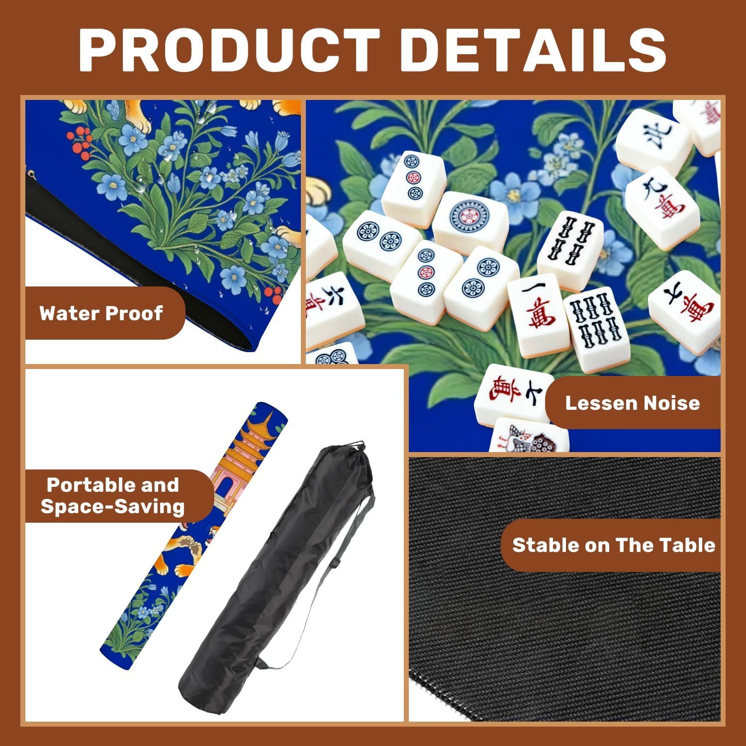 Mahjong Mat 31.5" x 31.5" Two Tigers Facing Each Other Pagoda Blue Floral Non-Slip Noise Reduction American Mahjong Tiles Table Cover for Dominoes Poker Card Board Games Gift