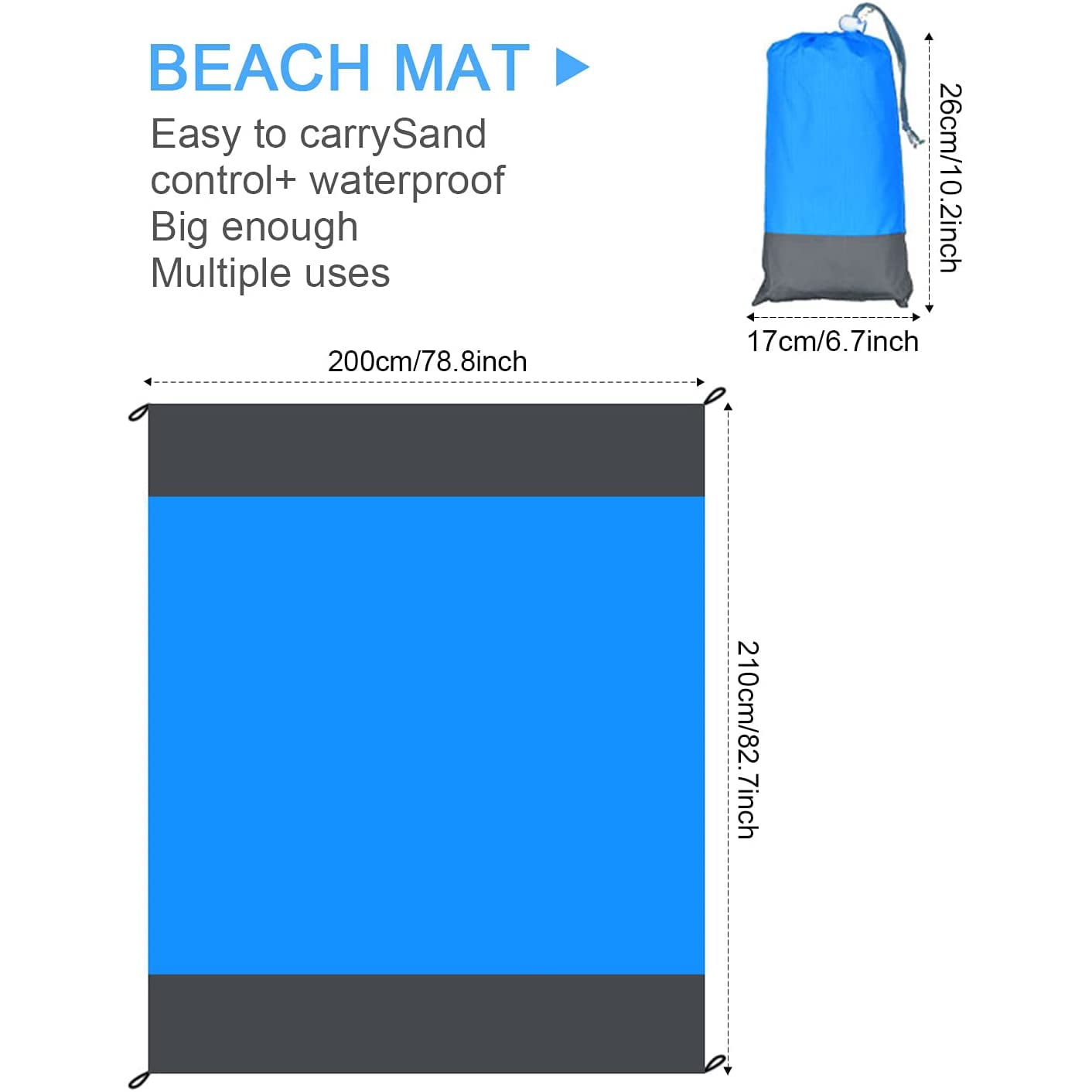 Beach Mat with 4 Fixed Nails Picnic and Grass Travel Park Camping Mat for Beach Hiking Oversize 210 x 200cm Waterproof Sandproof Picnic Blanket with pocket Megade Beach Blanket Picnic Blanket 