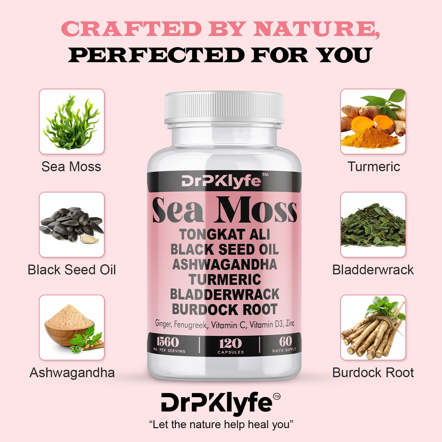 Sea Moss 3000mg Black Seed Oil 2000mg Ashwagandha 2000mg Ginger, Turmeric, Bladderwrack, Burdock Root & More - All in One Supplement 120 Vegan Capsules