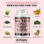 Sea Moss 3000mg Black Seed Oil 2000mg Ashwagandha 2000mg Ginger, Turmeric, Bladderwrack, Burdock Root & More - All in One Supplement 120 Vegan Capsules