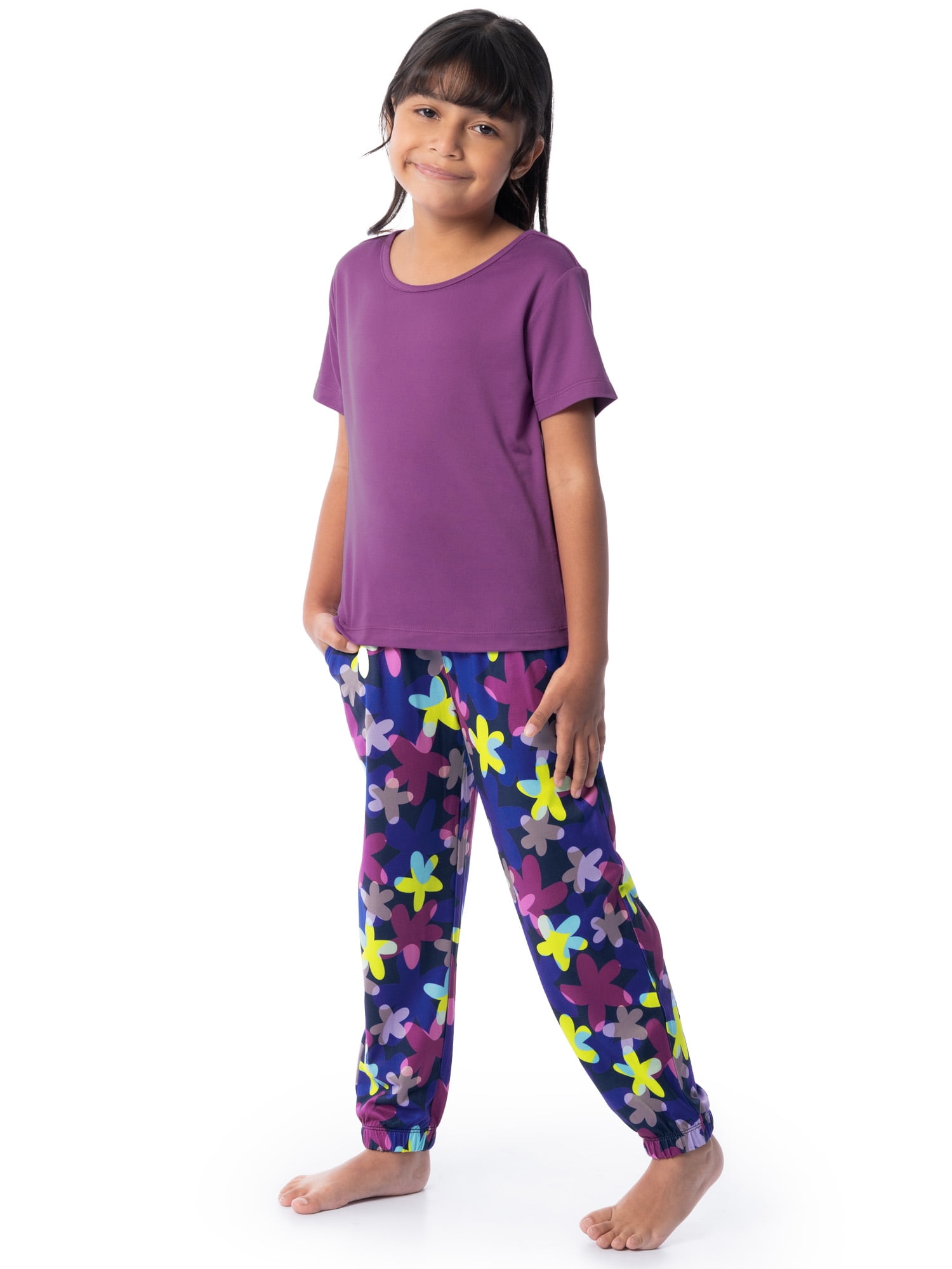 Fruit of the Loom Girl's Getaway Loose Fit Short Sleeve Top, Pajama Sleep Pant & Short Set, 3-Piece, Sizes 4/5-14/16