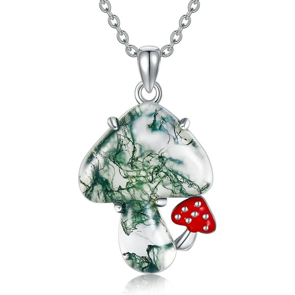 JEABZEL Sterling Silver Moss Agate Mushroom Pendant Necklace - Mothers Day Jewelry for Women & Mom