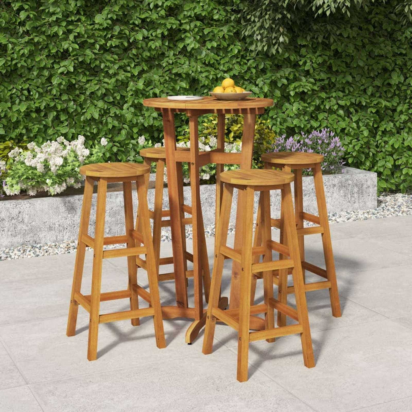 Dcenta 5 Piece Outdoor Dining Set, Acacia Wood Round Bar Table and 4 Stool Chairs, Wooden Patio