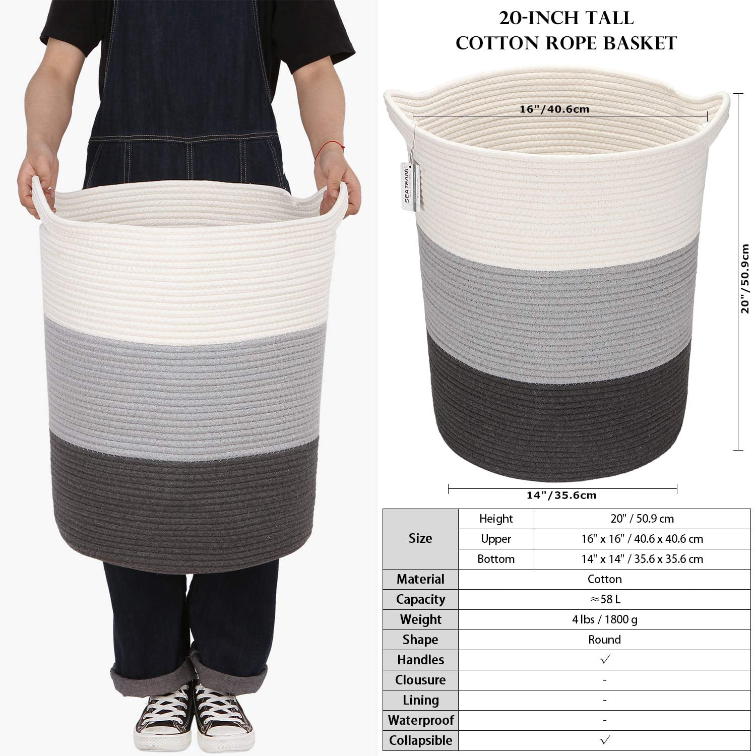 Sea Team Large Size Cotton Rope Woven Storage Basket Laundry Hamper with Handles, 14 x 20 inches, White and Grey