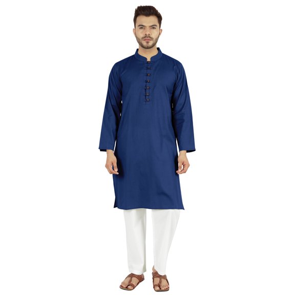 Atasi Indian Mens 2 Piece Kurta Pajama Set Henley Neck Casual Long Kurta