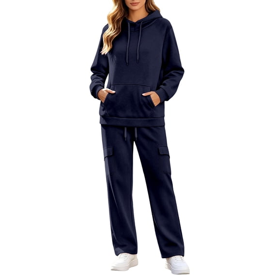 Women's 2 Piece Hoodie Set Pullover Sweatshirt and Cargo Wide Leg Pants Relaxed Casual Fall Fleece Sweatsuit Set