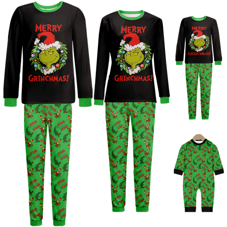

Holiday Family Matching Christmas Pajamas Sets Green Santa Cartoon Printed Sizes Baby-Kids-Adult-Pet Top and Pants Bodysuits Sleepwear Pajamas Set