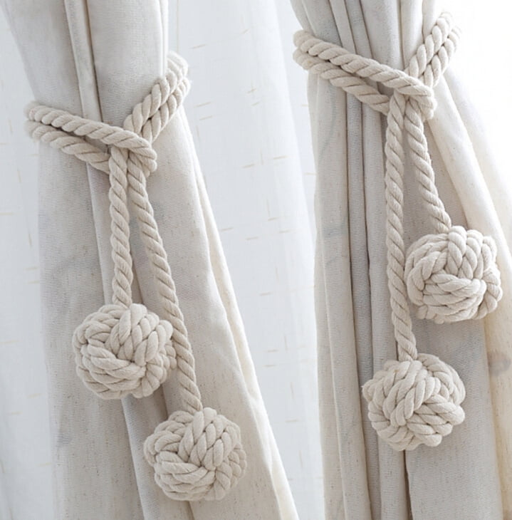FOGAWA 2Pcs Handmade Cotton Rope Holdbacks Curtain Tie Backs Hand Knitting Curtain Rope for Farmhouse Shower Blackout Gauze Curtains Decoration Tassel Drape Beige 