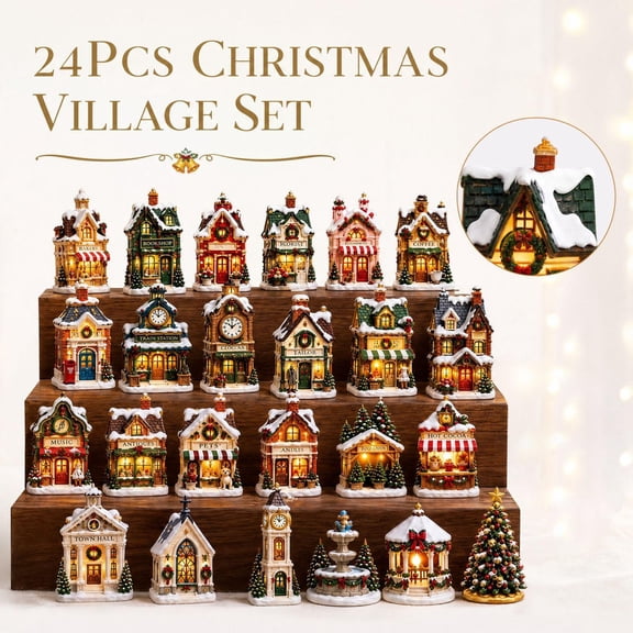 24 Pcs, Christmas Village Houses with Warm Led Lights, Miniature Figurines for Indoor Home Table Top Christmas Decorations
