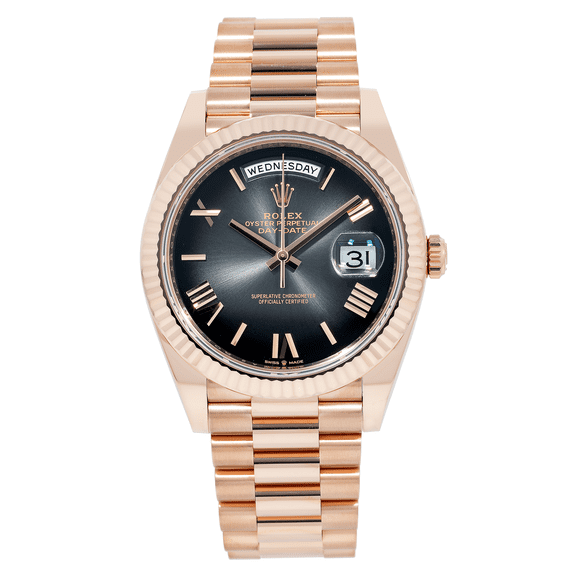 Pre-Owned Rolex Day-Date 40MM 228235 Black Roman Dial Fluted Bezel 18K Rose Gold President Bracelet