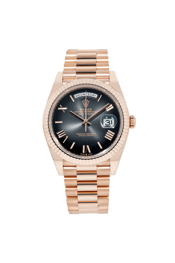 Pre-Owned Rolex Day Date 228235 40MM Black Roman Numeral Dial With Rose Gold Presidential Bracelet
