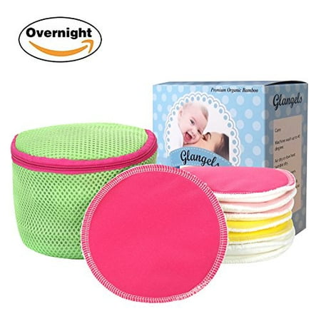 Glangels Thick Overnight Organic Bamboo Nursing Pads Washable Reusable Super Soft Hypoallergenic Antibacterial Breastfeeding Pads, Soothes Sensitive Nipple +Free Laundry